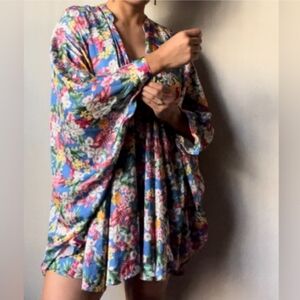 Maisie Lenore Blue Pink Floral Long Sleeve Kimono Tunic Dress
